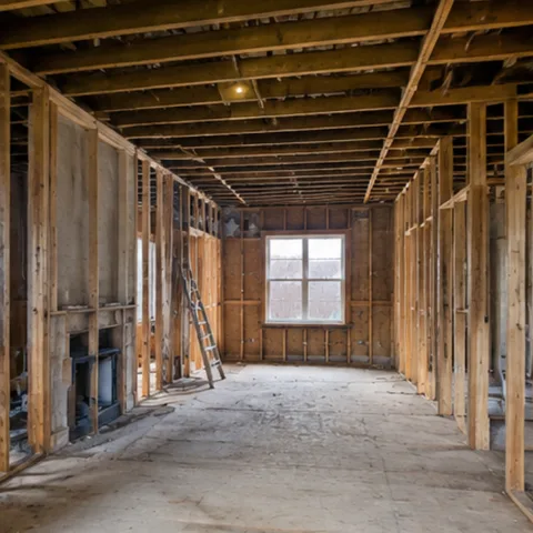 Rohbau mit sichtbarer Holzständerwerk-Struktur