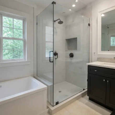 Fertiges Bad mit Wanne und Walk-in-Dusche